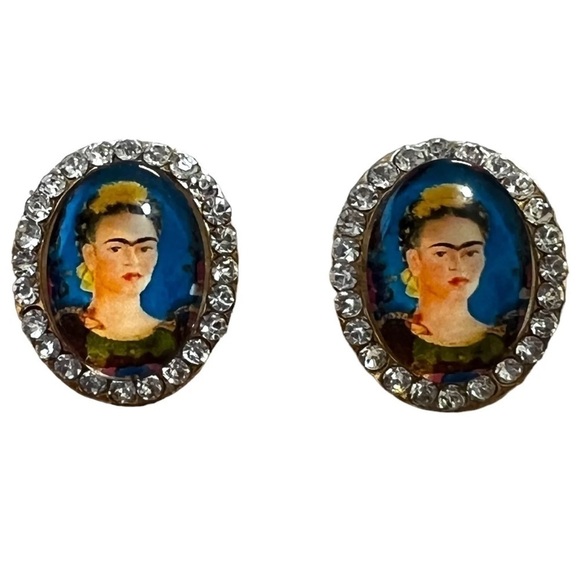 Frida Portrait Crystal Rhinestone Oval Post Earrings - Picture 1 of 2